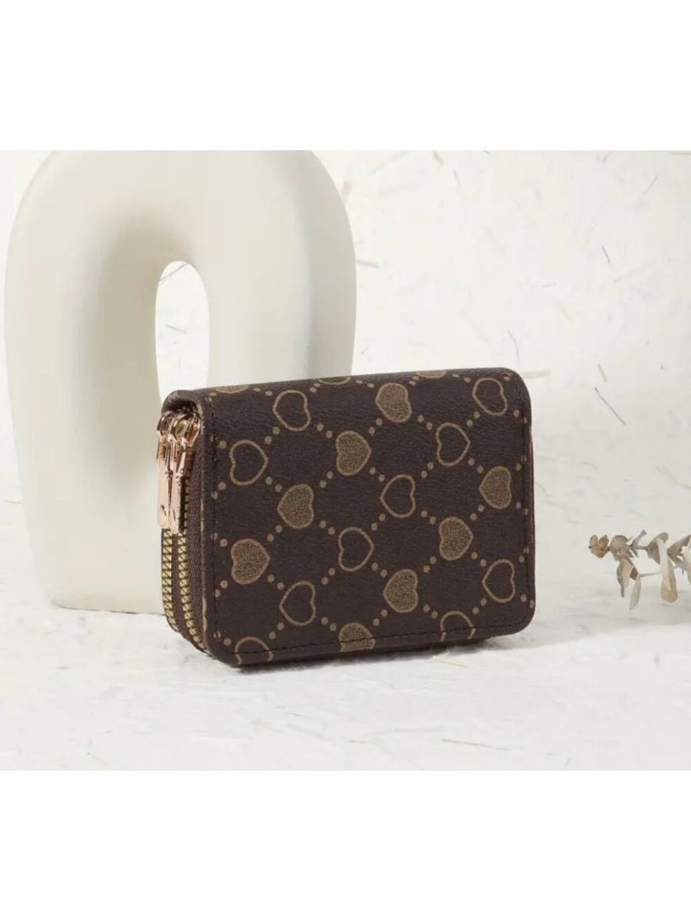 Luxury Heart Pattern Short Clutch Wallet, Double Zipper PU Leather Coin Purse